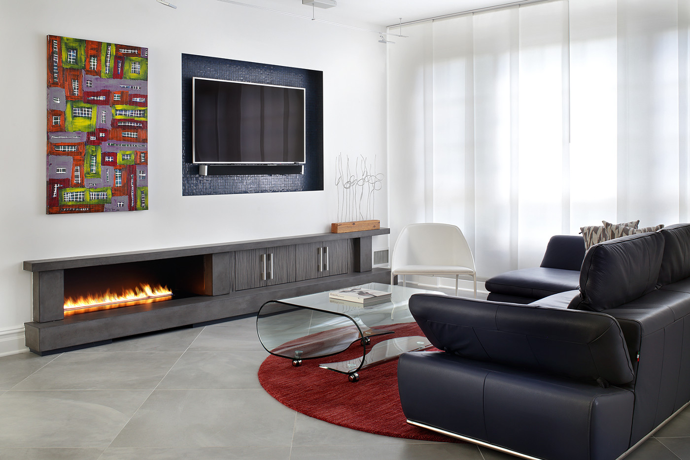 modern concrete kitchen - concrete linear fireplace - family room - ribbon fireplace